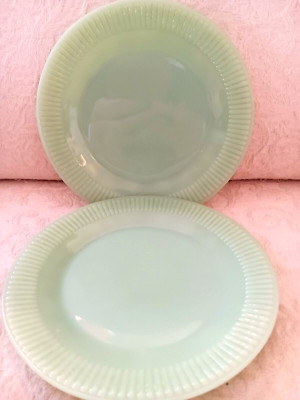 2 Jadeite Green Milk Glass 8'' Dessert Salad Plates Ribbed Edges Unmarked Repro?