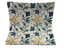 Blue Yellow Garden Flowers Botanical Linen Throw Pillow Cover HOME Decor 18”