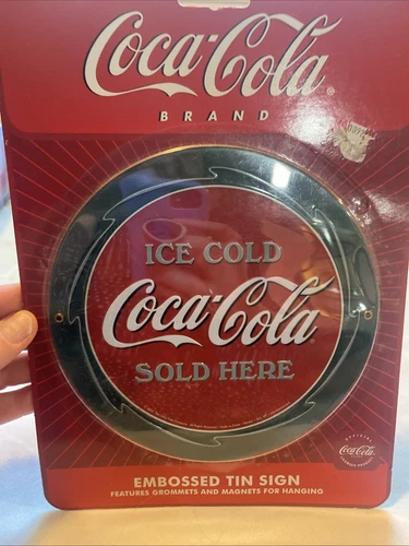 Ice Cold Coca-Cola Sold Here Embossed Tin Metal Sign - Vintage - Retro - Coke