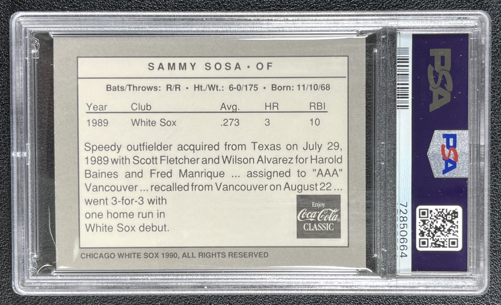SAMMY SOSA PSA 10 1990 COCA-COLA ROOKIE WHITE SOX 0664 view 2