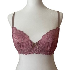 Frederick's of Hollywood 34B Lace Bra Mauve Pink Unlined Underwire Balconette