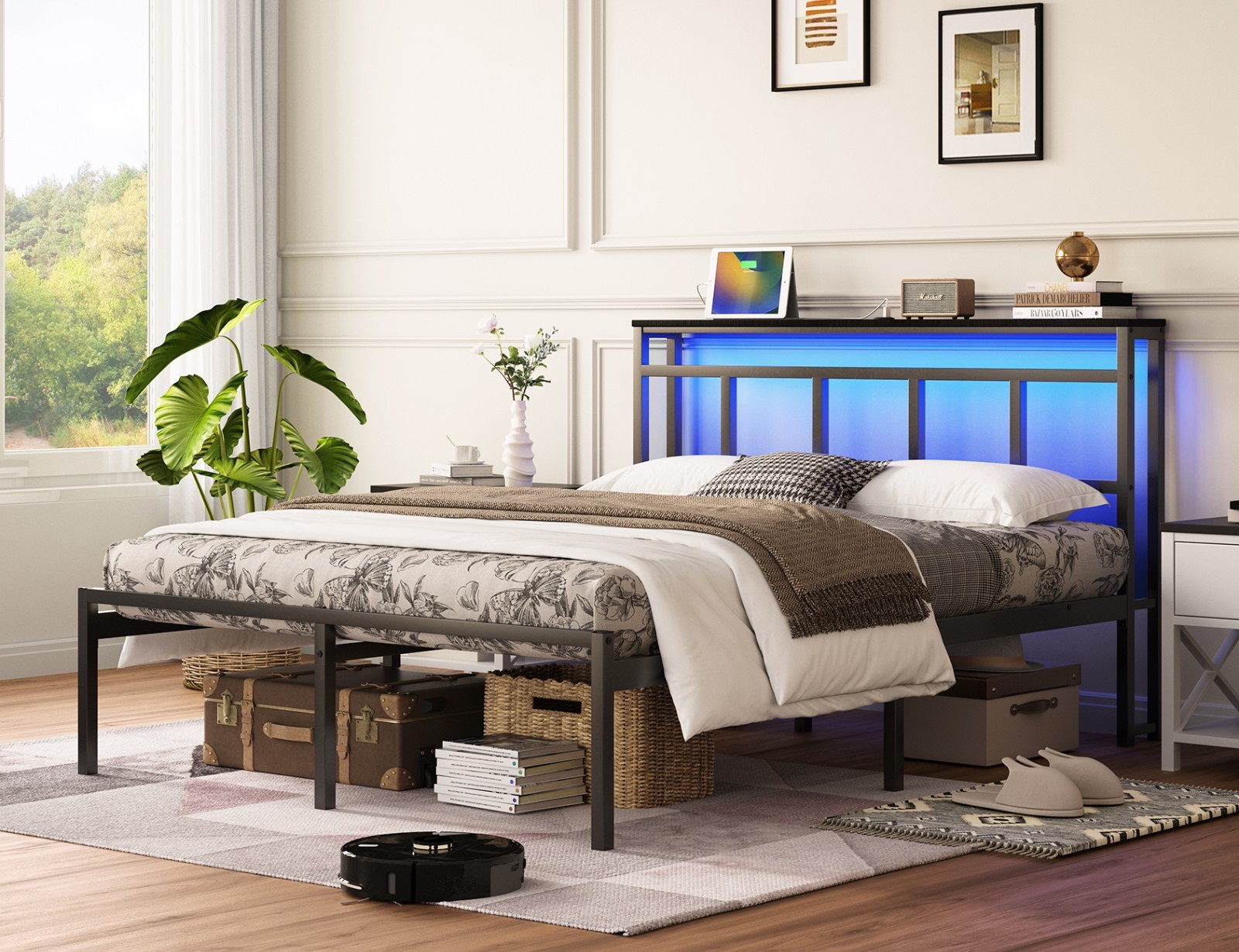 14 Inch Queen Bed Frame with Storage Headboard,USB,Type-C and LED Light, Black