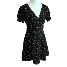 Black Floral Polka Dot Mini Dress Tie Back Puff Sleeve S Cottage Fairy Fem Goth