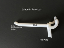  100 PACK  2 Inch White Plastic Peg Hooks For 1/8" to 1/4" Pegboard. USA Made
