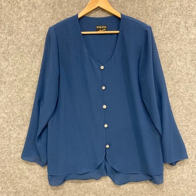 Vintage Dolina Womens Blouse Top Size 16 Blue Long Sleeve V-Neck Button 54313
