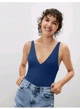 Everlane Womens Blue The V-Neck One-Piece Minimalist Colorful Bodysuit L