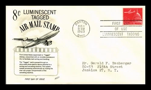 US COVER LUMINESCENT TAGGED 8C AIR MAIL FIRST DAY OF USE FLEETWOOD