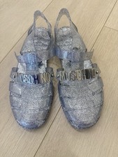 Moschino Glitter Embelished Jelly Logo Sandals, Size 8-8,5