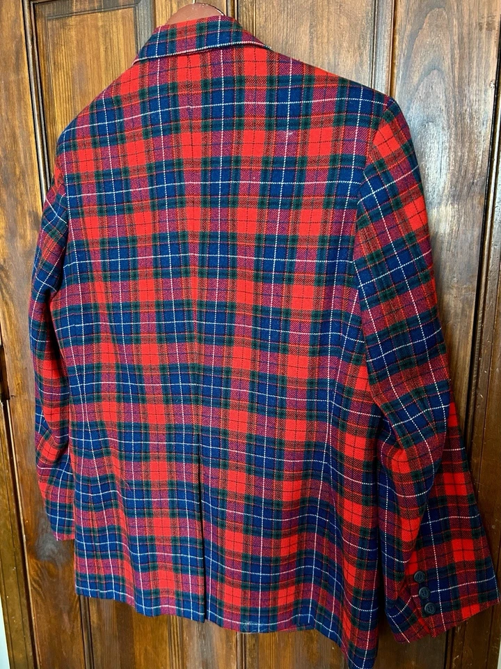 Blazer masculino de lã pendleton feriado vermelho tartan xadrez terno jaqueta S 40 furo pequeno - Imagem 4 de 4