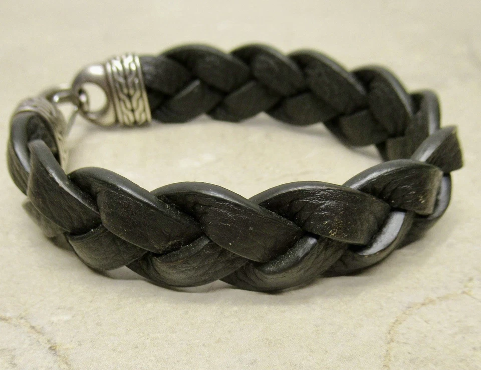 "Brazalete trenzado de cuero trenzado y cadena clásica de plata 925 John Hardy 8,5""" Foto 2 de 4