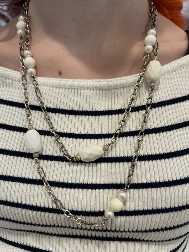 David Yurman Sterling Silver Pearl White Agate Figaro 48'' Long Toggle Necklace - Image 2 of 4