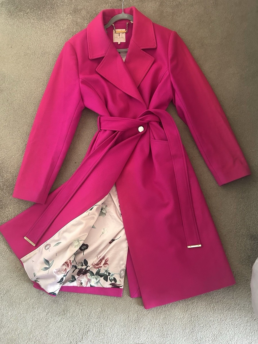 Ted Baker Coat Pink Fushia Long Wool Coat Size Wrap Coat Belted