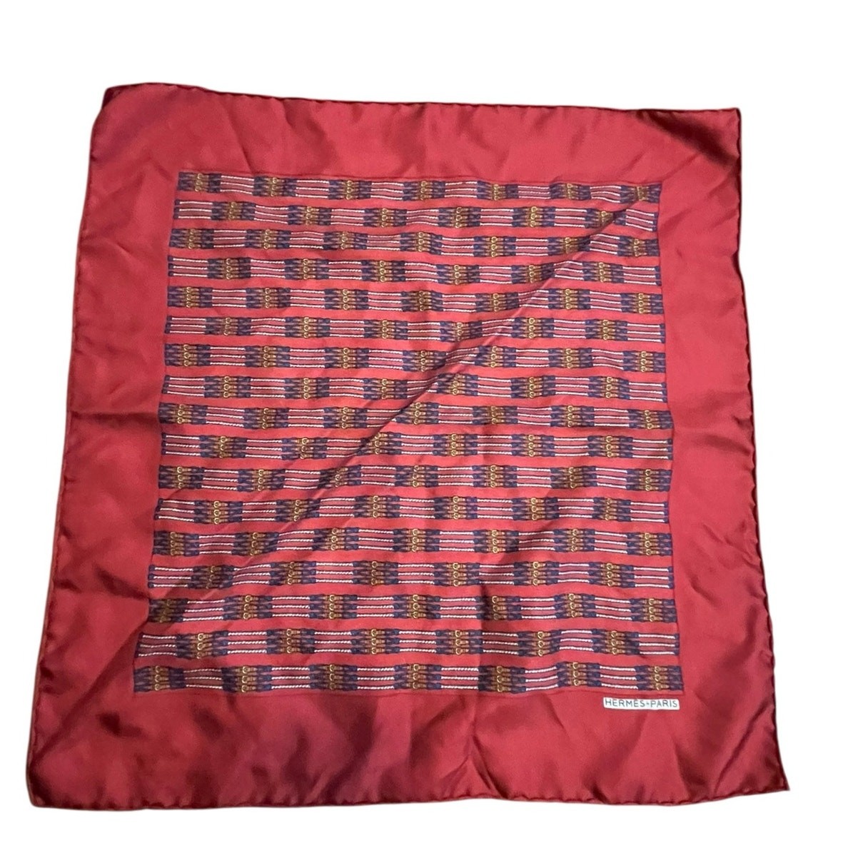 Hermes Paris Vintage Crimson Red Buckle Pattern Silk Scarf 45x45cm