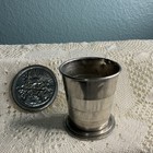 Vintage Collapsible Tin Cup w/ Embossed Hunting Dog Scene, Pocket Size — photo 3