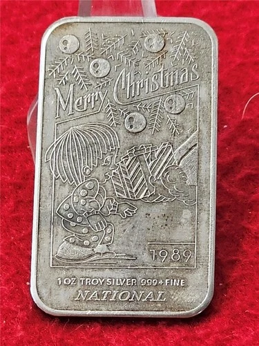NATIONAL SILVER 1 TROY OZ 999.0 FINE SILVER INGOT. MERRY CHRISTMAS 1989  #T1848