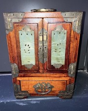 Vintage Chinese Rosewood Brass Carved Jade Inlay Jewelry Box 8.5” x 6”