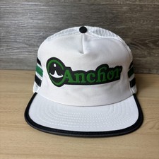 Vintage Anchor Hat Cap Snap Back White Green Trucker Three Stripe USA Made