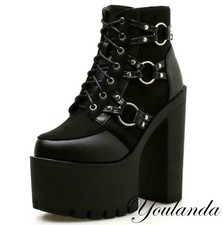 Punk Women's Splicing Ankle Boots Platform 15cm Block Heels Lace Up Shoes Club