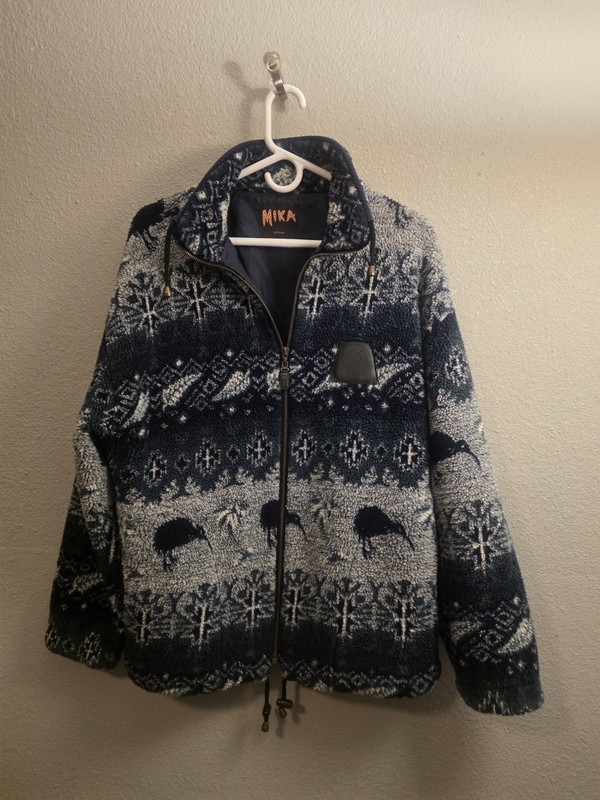 Mika New Zealand Fleece Jacket Size M Blue Icelandic Nordic Bird Full Zip Lined
