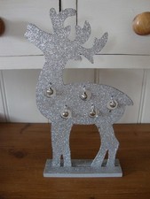 Festive Christmas Silver Glitter Wooden Reindeer With Bells Decoration Ornament