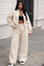 Women's Solid Color Tracksuit Set Zip Jacket Drawstring Pants Black Beige Gray