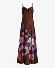 New Express Twist Front Spaghetti Strap Floral Satin Brown Maxi Dress Size S
