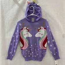 Girls Unicorn Sweater Large Purple Hooded Knit Christmas Holiday Well Worn