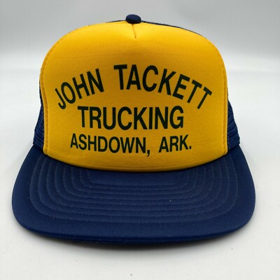 Vintage John Tackett Trucking Ashdown ARK Trucker Hat Cap Yellow Blue Snap Back