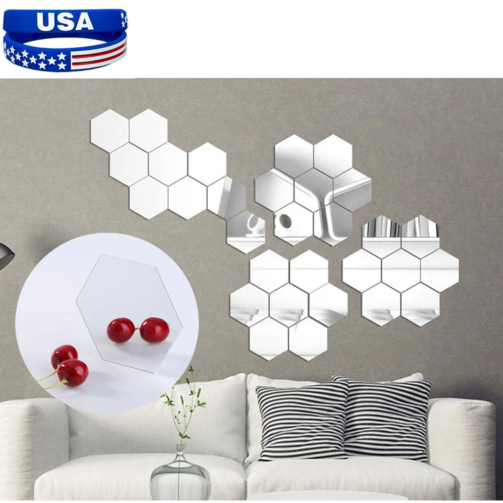 12pcs 3D Hexagon Acrylic Mirror Wall Stickers Home Room DIY Art Removable  Decor