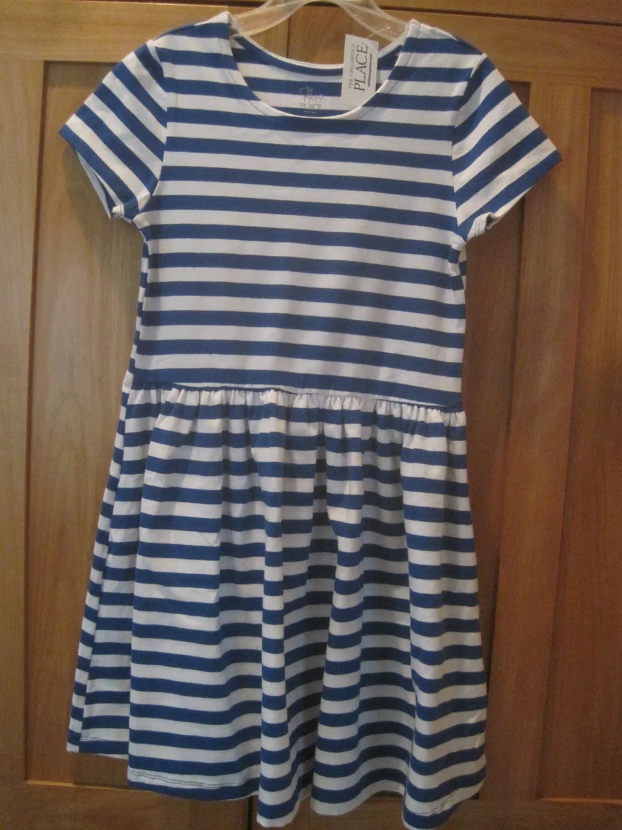 Girl TCP COBALT OR BRIGHT BLUE WHITE STRIPED STRETCH SKATER DRESS NWT 7 8