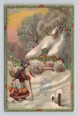 Christmas Brown Blue Santa Walking House Snow Bonne Anne AOL 682 1911 Postcard