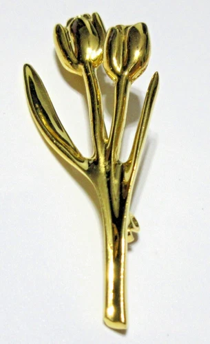 VTG BIG LARGE 2.125" TULIPS LEAF Gold tone metal Brooch Pin COSTUME JEWELRY