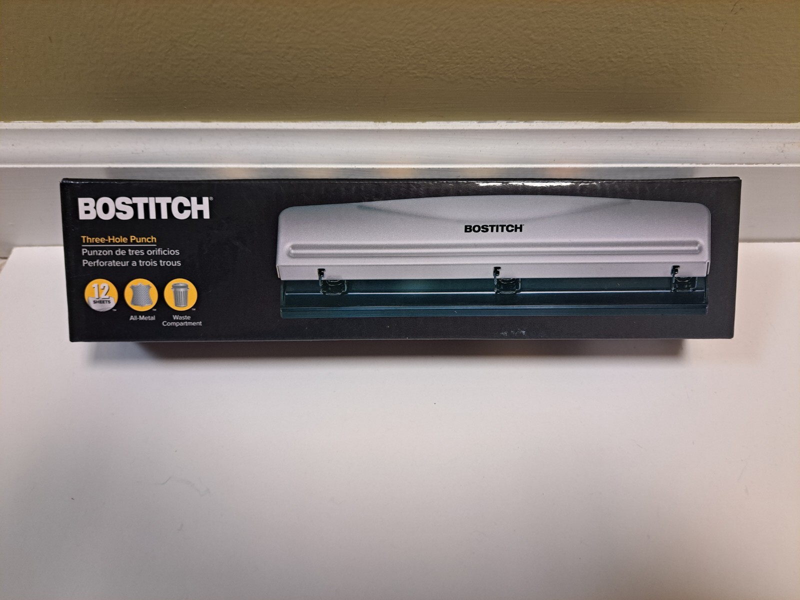 Bostitch Office HP12 3 Hole Punch 12 Sheet Capacity Metal Silver Non-Slip Base