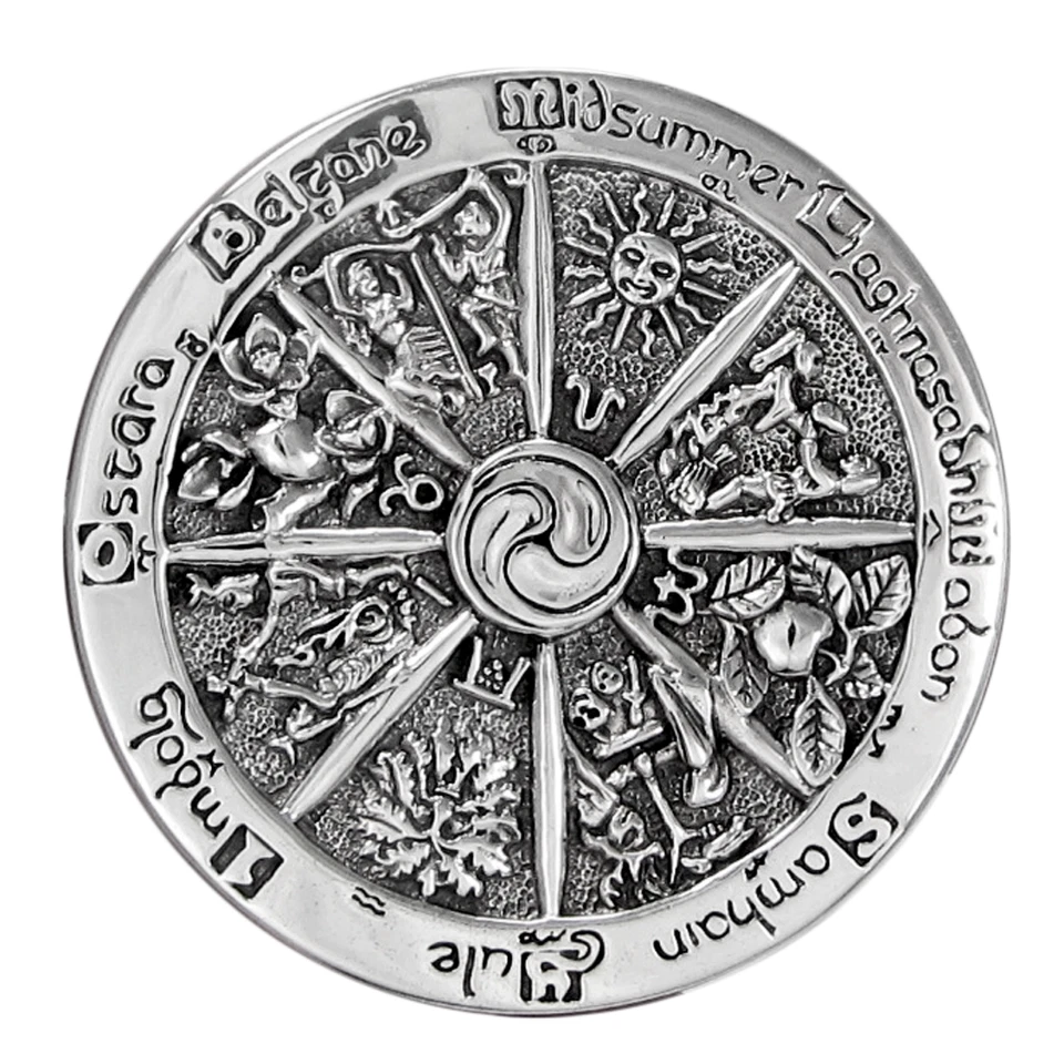Broche prendedor rueda del año grande de plata esterlina diseño de dríada Wiccan Sabbats