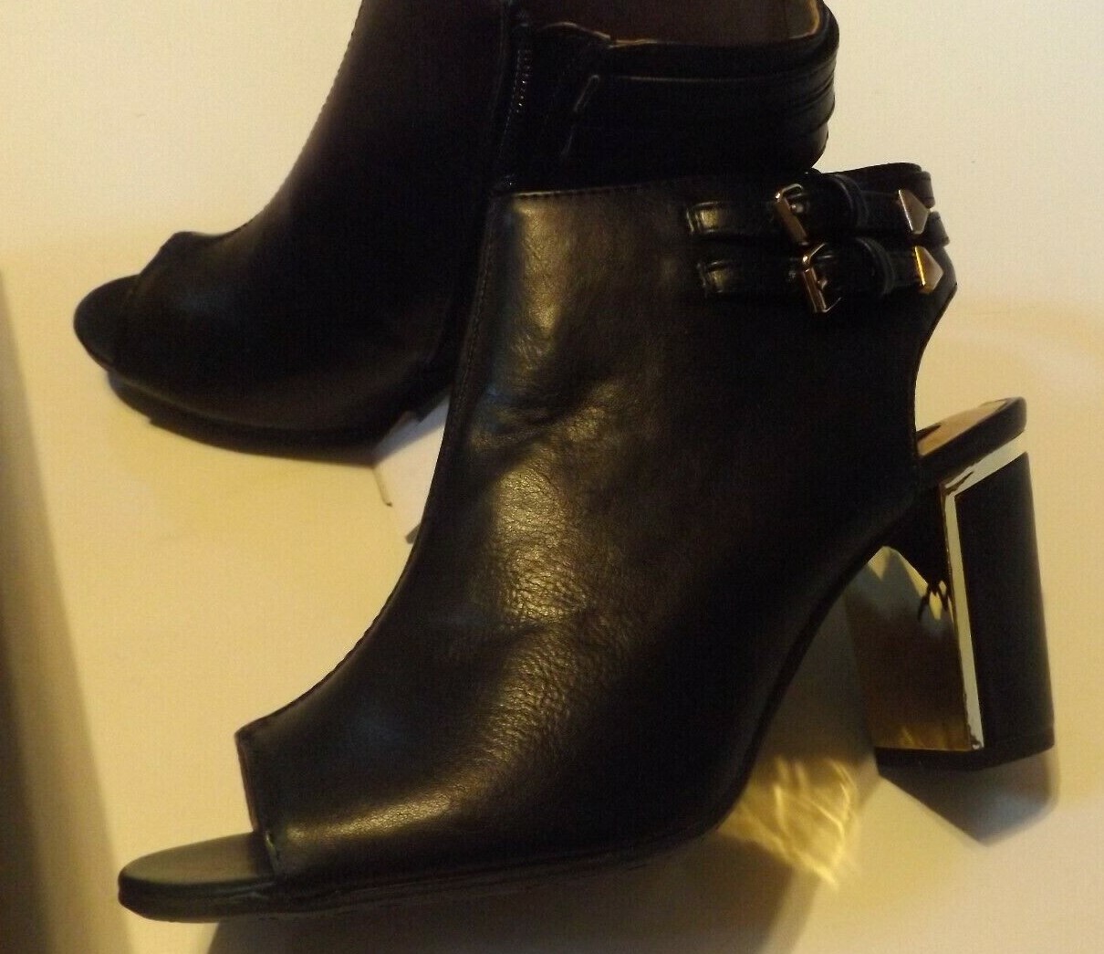 Sz 6.5 Medium Rialto Womens Black Open Toe Gold Plate Block Heels Zip Evening