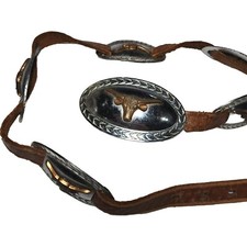 Vintage Small Leather Belt Longhorn Steer Steers Metal Conchos Rodeo Cowgirl