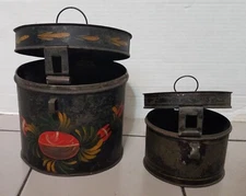 2 vintage large 6" & 4" 19thc antique toleware tole tin painted spice tea boxes