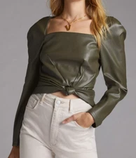 NEW HUTCH ANTHROPOLOGIE OLIVE GREEN SQUARE NECK FAUX LEATHER BLOUSE TOP SZ 6