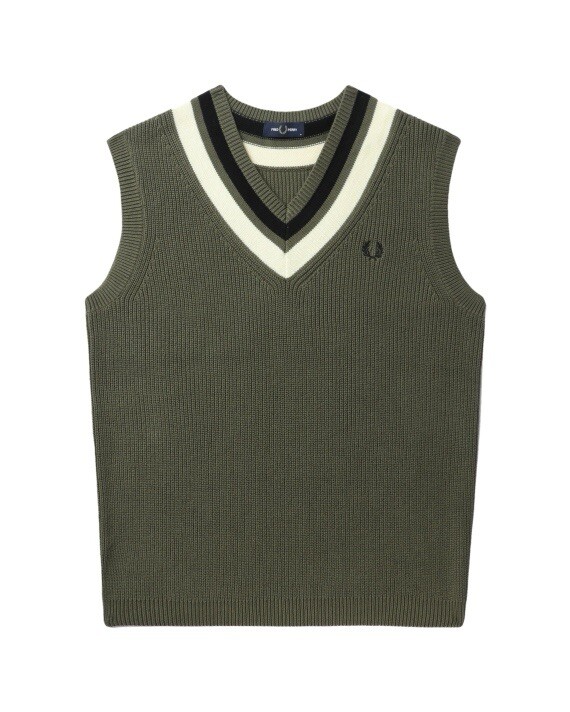 Fred Perry Striped Trim V Neck Sweater Vest Tank Sleeveless
