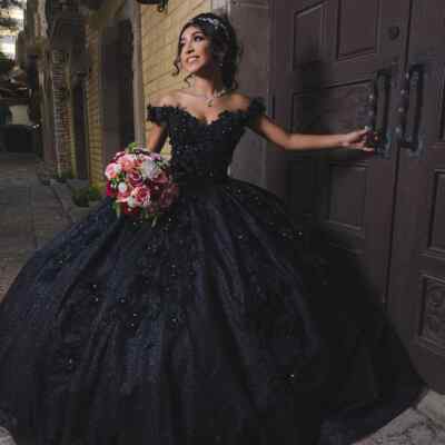 ZAPAKA Women Ball Gown Quinceanera Dress Princess Black Off the Shoulder Sequin Sweet 16 Dress, Black / UK14
