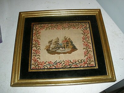Vintage Framed Cross Stitch Piece 14'' x 13'' House Scene Floral Border