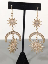Celestial Starburst Cresent Moon Dangle Gold Tone Long Dangle Earrings Rhineston