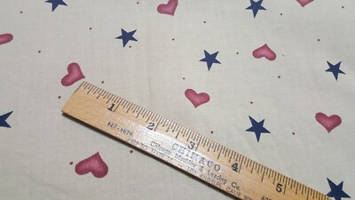 Daisy Kingdom Hearts Stars Red Blue Tan Fabric 100% Cotton BY THE HALF YARD x 45