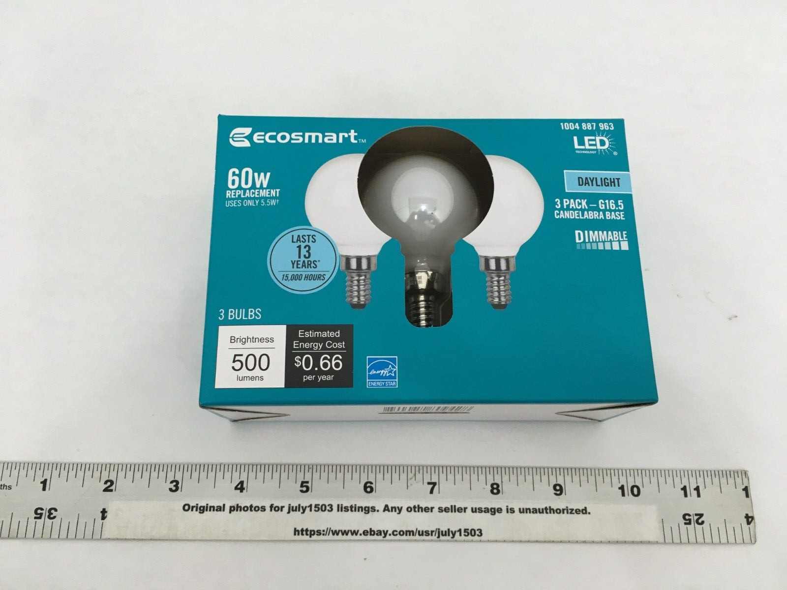 NEW EcoSmart 3-pk 60W LED Bulb G16.5 Globe Frosted Daylight 5000K Dim Candelabra