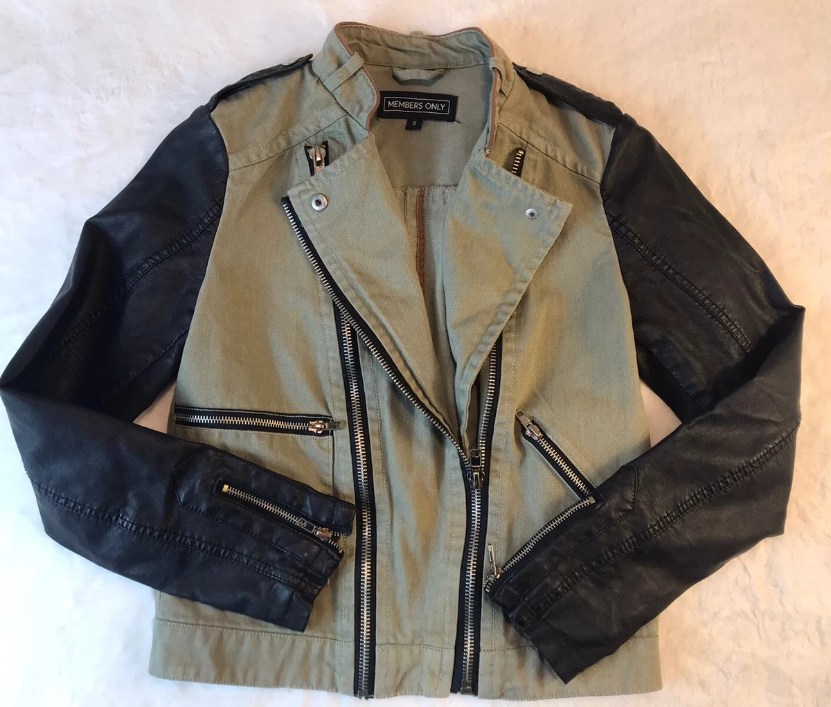 Members Only Urban Outfitters Green Denim Faux Leather Moto Jacket Cropped S