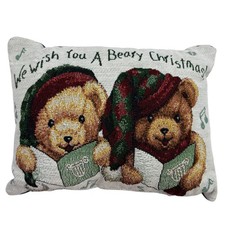 Vintage Christmas Teddy Bear Tapestry Throw Pillow Woven Caroling Bears 12x9