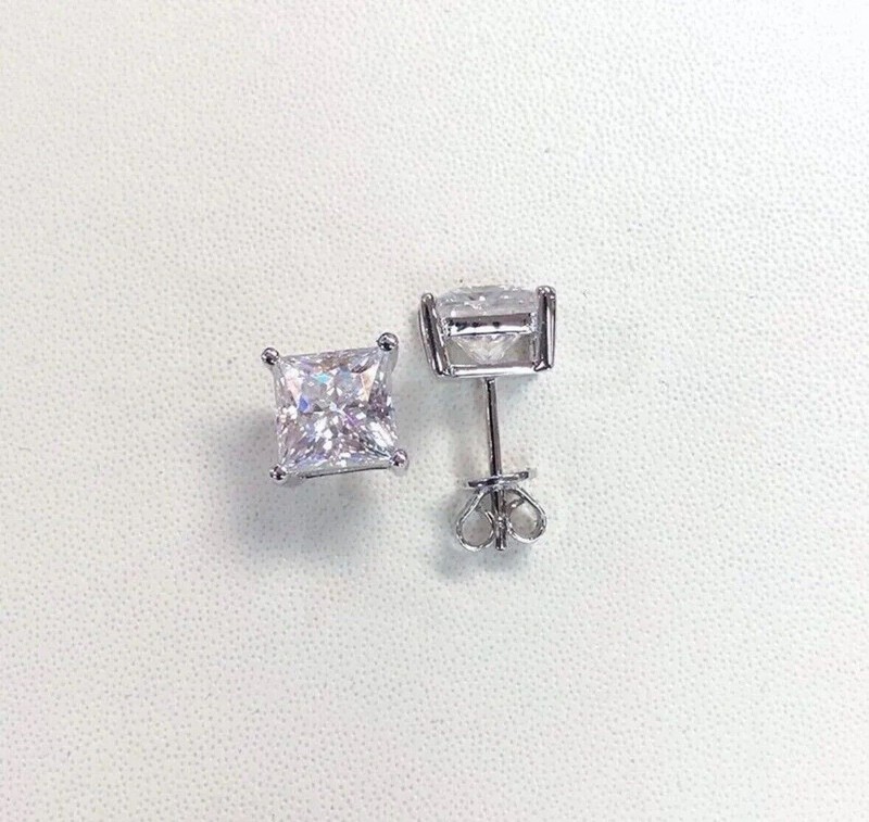 4.00CT Princess Lab Grown DEF-VVS-VS Diamond Stud Earrings 14k White Gold#268