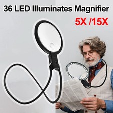 5X/15X Neck Wear Magnifier Rechargeable 36 LED Hands Frees Magnification Glass