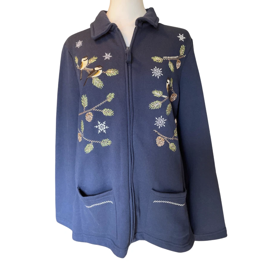 NWT BRECKENRIDGE Holiday Jacket Small Full Zip Birds Snowflake Pockets Navy Blue - Image 2 of 4