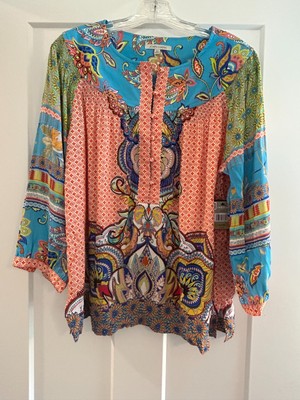 John Mark Artsy Tunic Top Shirt M Floral Boho Multiprint Flowy Relaxed NWT $119